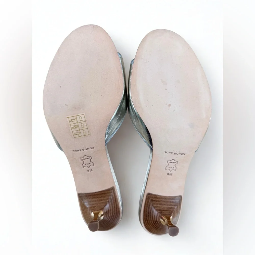 NWOT Tory Burch Silver & Gold Metallic Bow Kitten Heel Mules Size 8M w/ Dust Bag - Picture 6 of 7